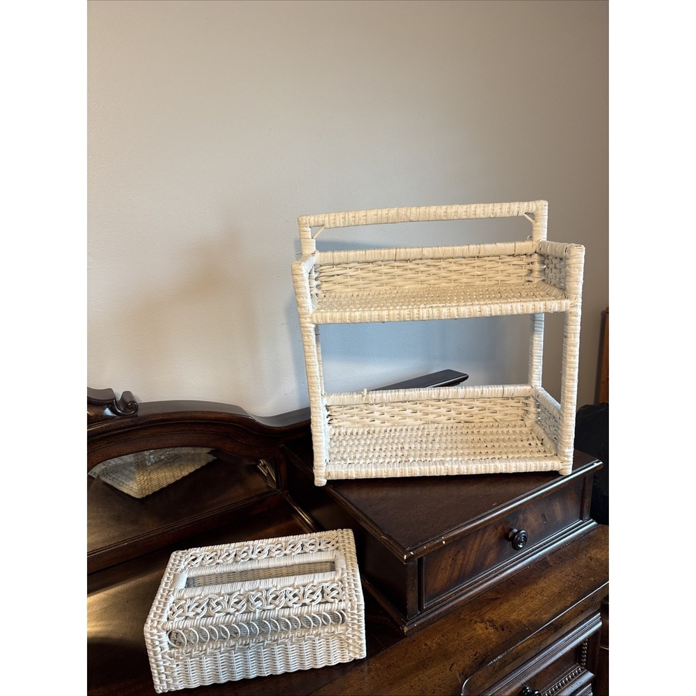 16x16.50" Vintage White Whicker Rattan 2 Tier, Counter or Wall Hang & Tissue Box